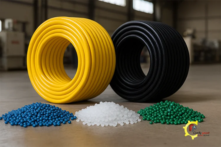 نمونه‌هایی از مواد اولیه شامل گرانول‌های PVC، پلی‌اتیلن و رول‌های شلنگ در کارخانه تولید